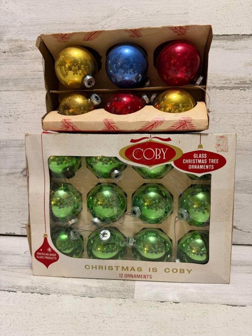 Vintage Coby Glass Christmas Tree Ornaments Box of 6 and 12 Red Green Blue Gold